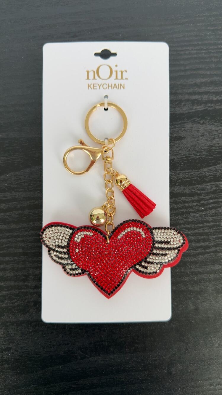 Bling Rhinestone Red Winged Heart Puffy Keychain - Tassel Bag Charm NEW